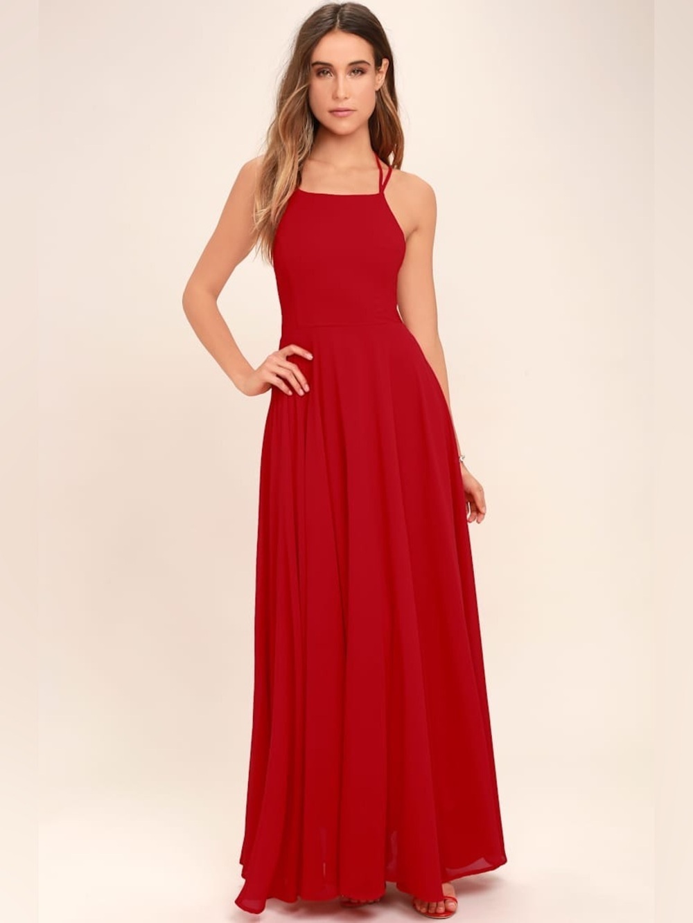 NWOT Lulus Strappy To Be Here Red Lace-Up Maxi Dress